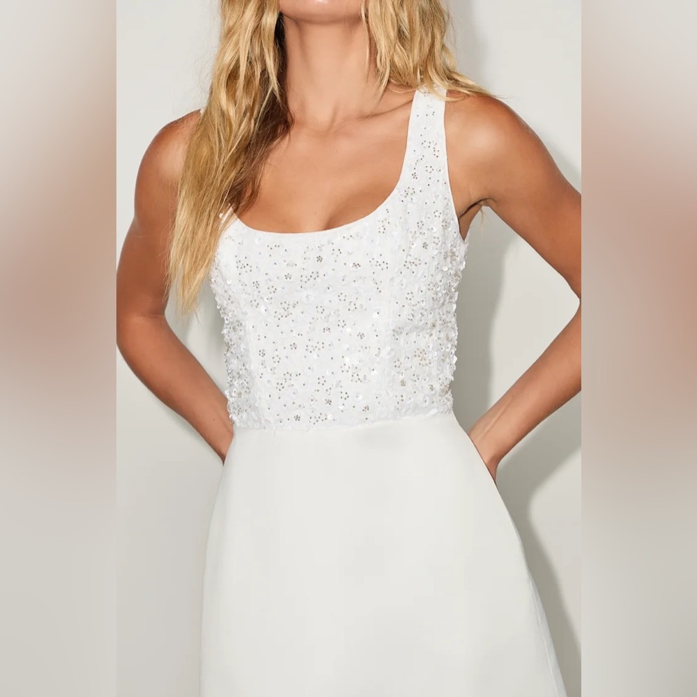 LULUS Shireen White Satin Sequin Beaded Mini Dress